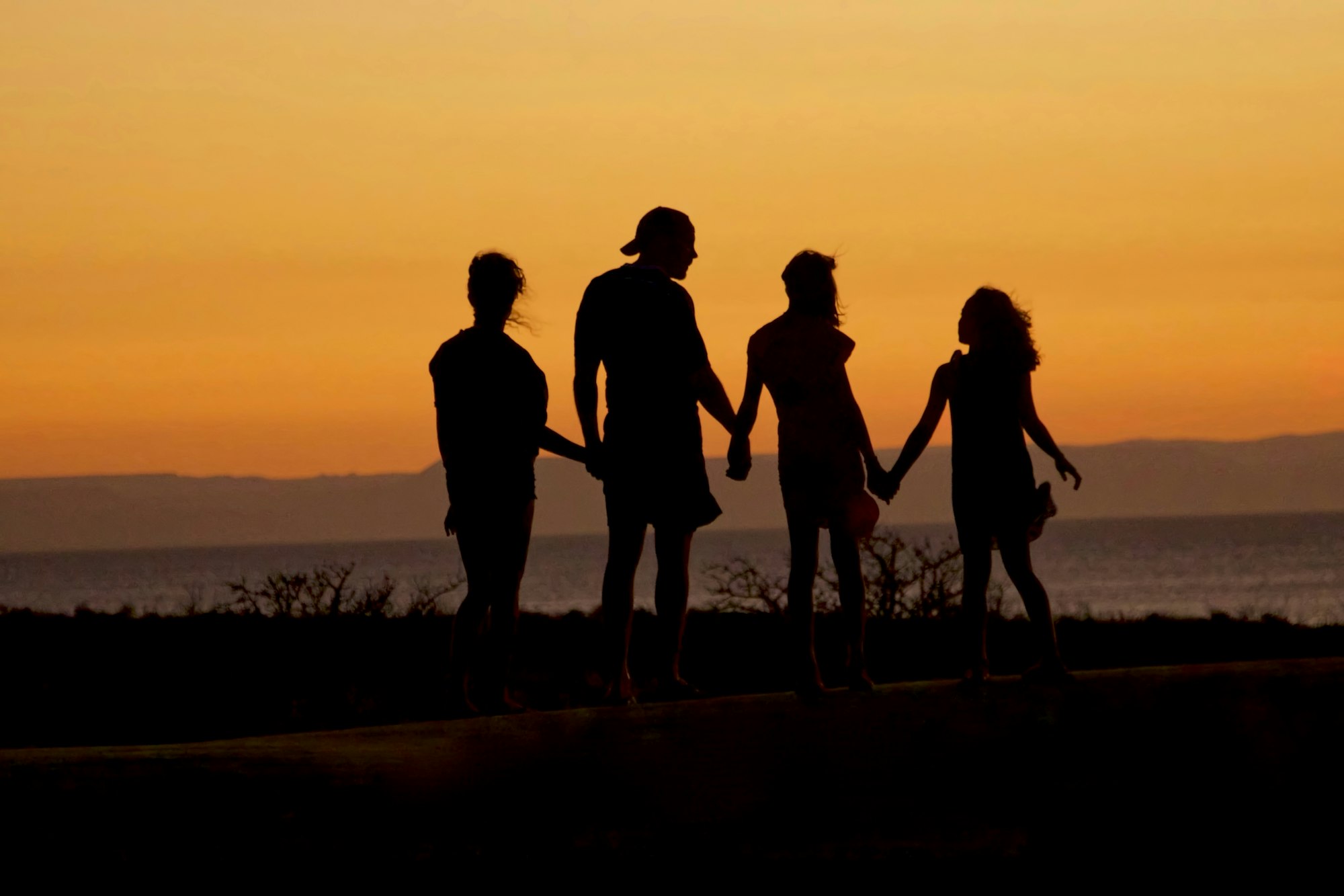Família de mãos dadas a olhar o horizonte ao pôr do sol